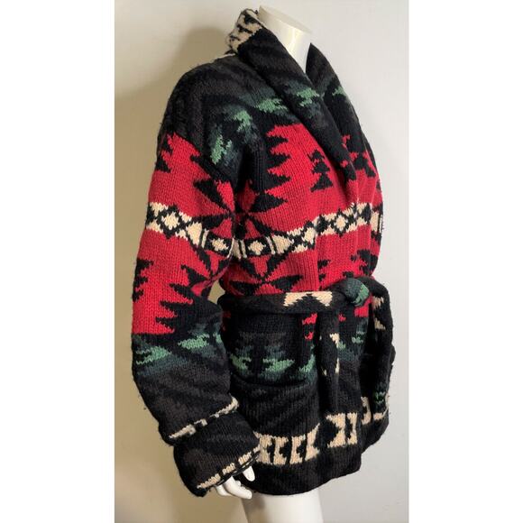 Polo Ralph Lauren Native Knit Wool Cardigan Sweater L Red Black Green Indian VTG - Picture 2 of 12